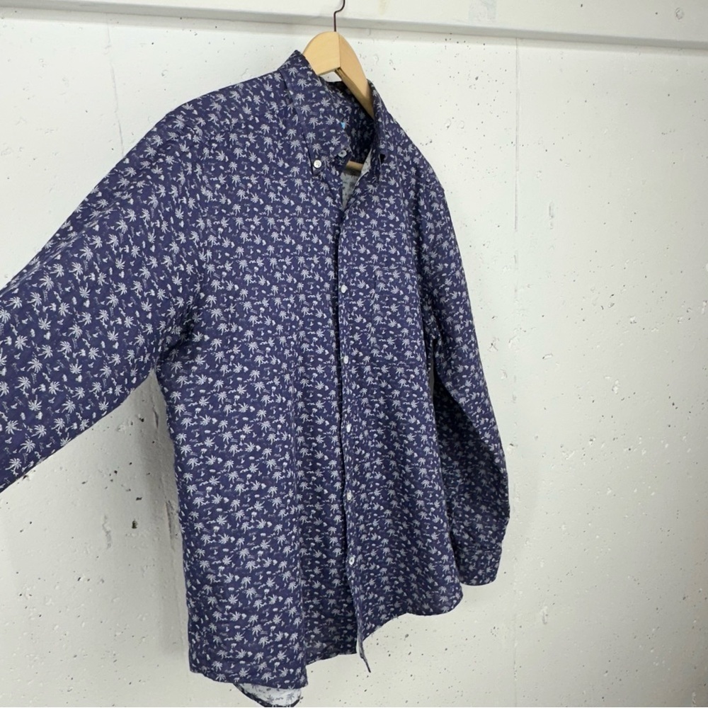 J. McLaughlin Men's Medium Blue Palm Tree Cotton Long Sleeve Button Down Shirt - Picture 6 of 12